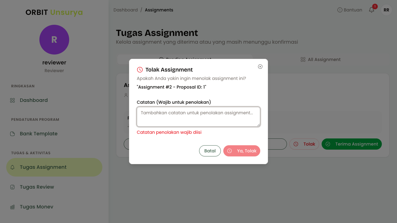Dialog Tolak Assignment
