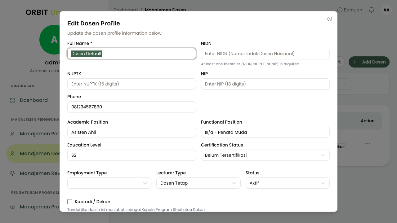 Form Edit Profil Dosen