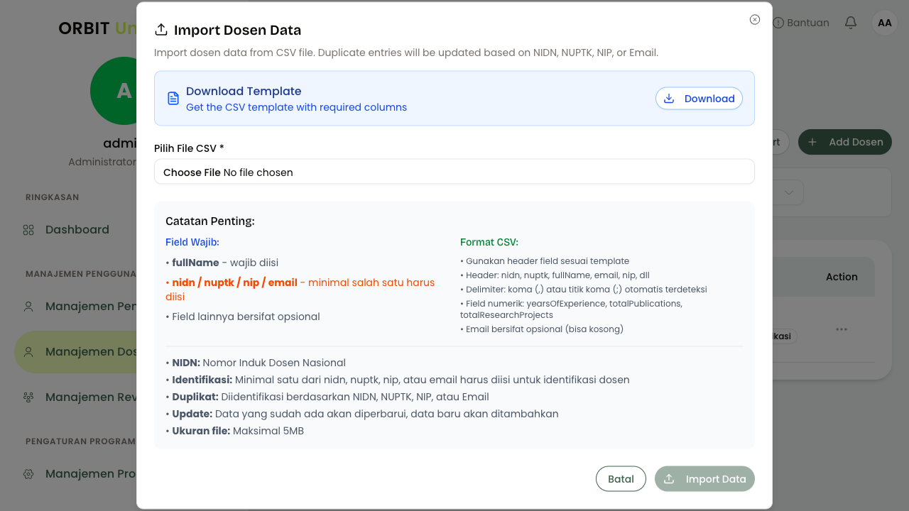 Dialog Import Dosen