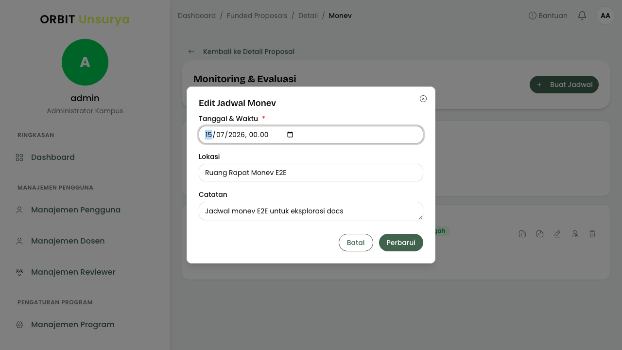 Dialog Edit Jadwal Monev
