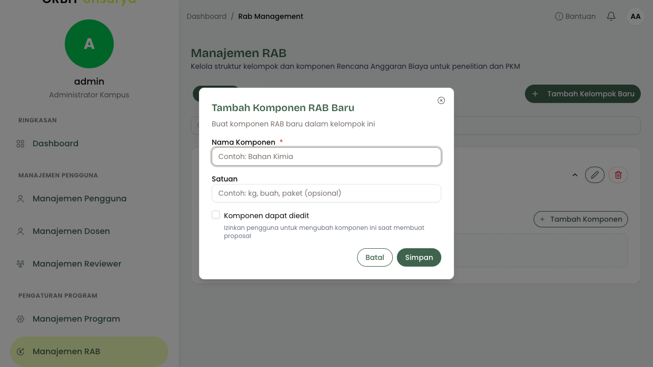Dialog Tambah Komponen RAB
