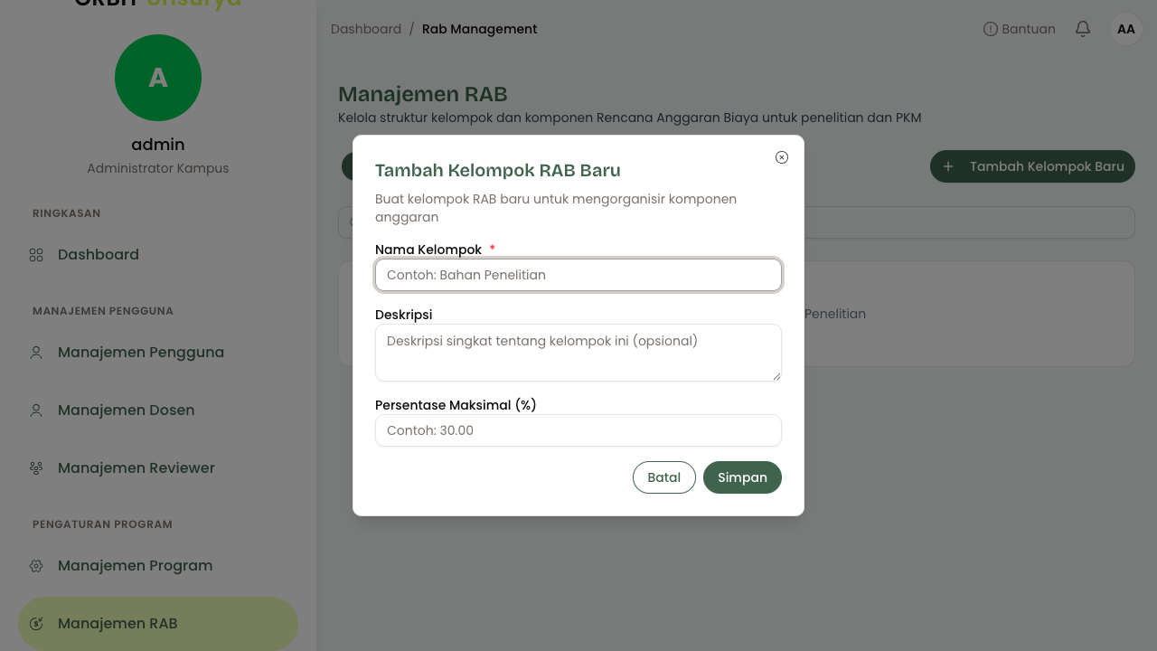 Dialog Tambah Kelompok RAB