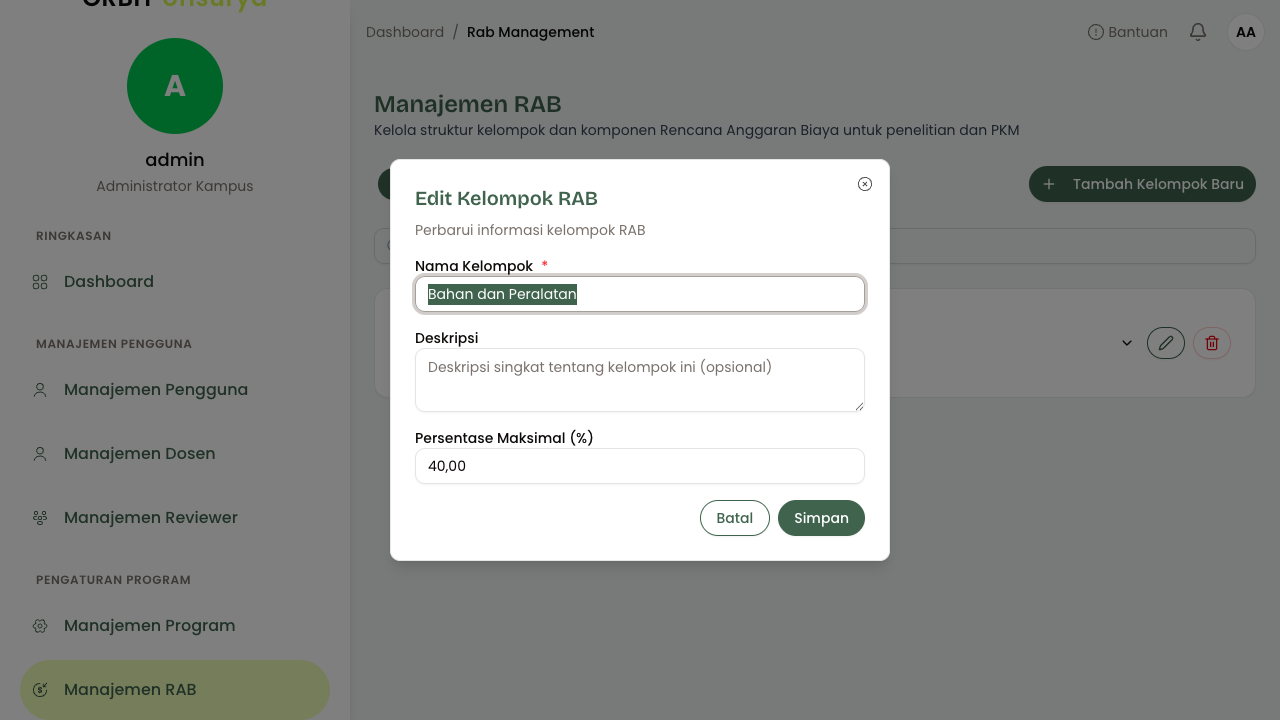 Dialog Edit Kelompok RAB