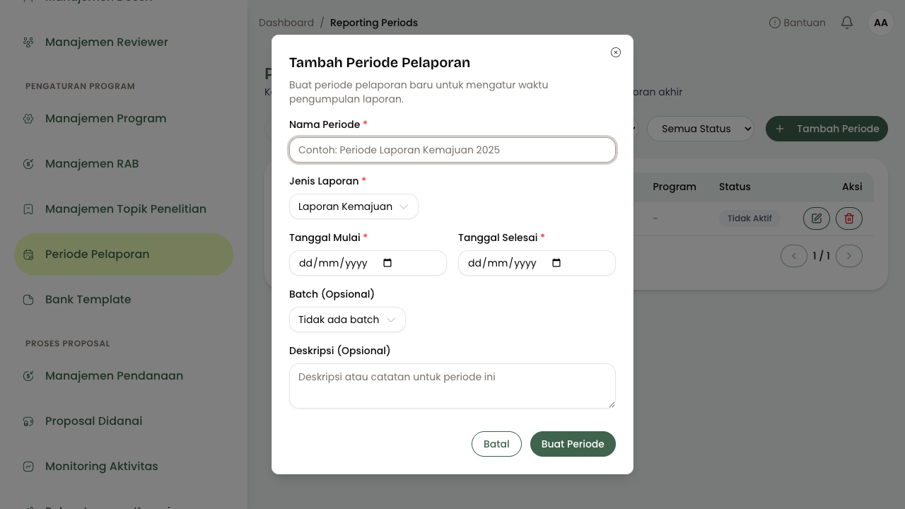 Modal Tambah Periode Pelaporan