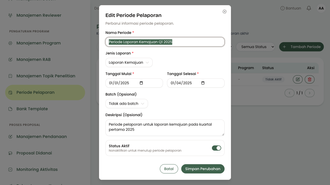 Modal Edit Periode Pelaporan