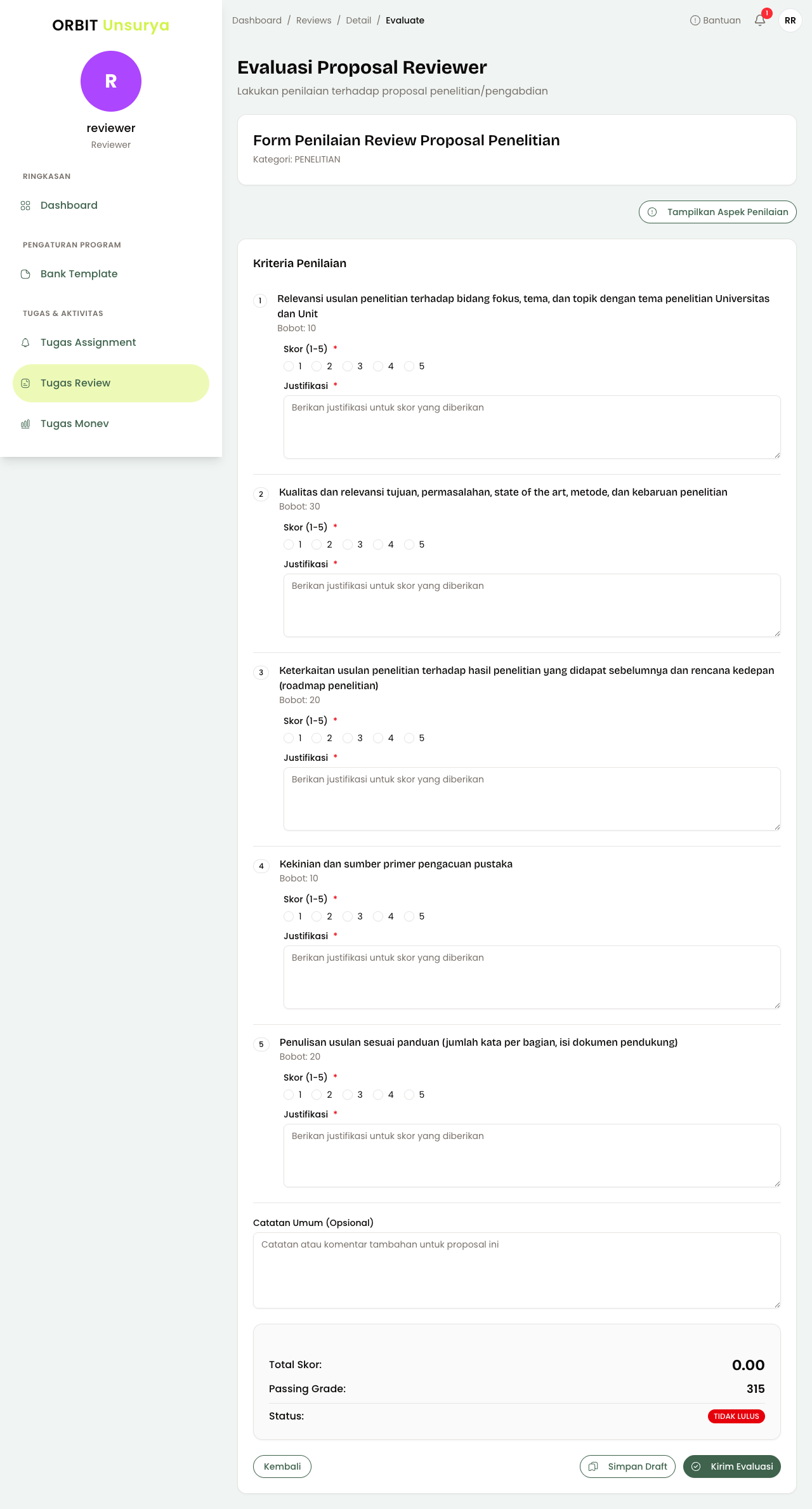 Halaman Evaluasi Proposal